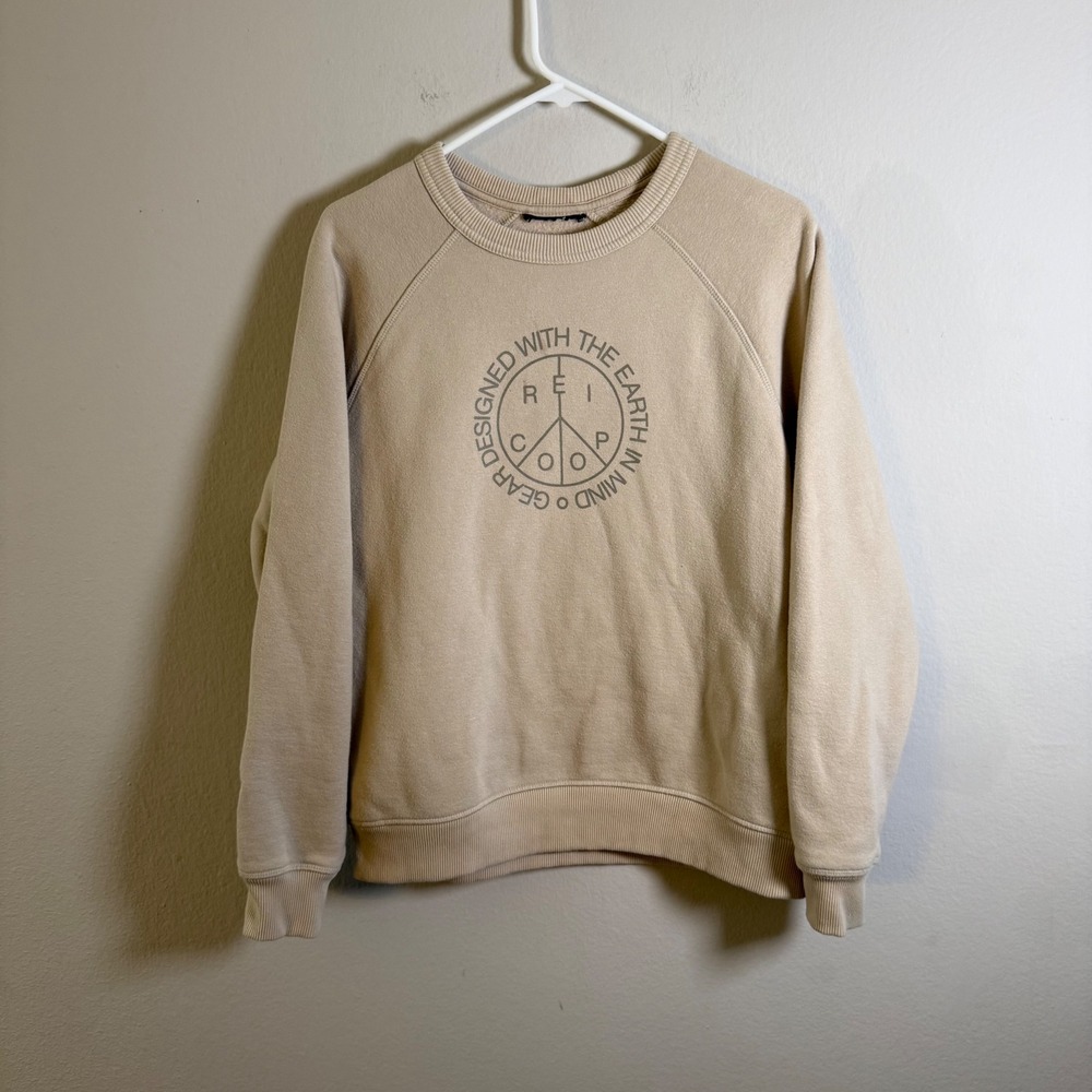 REI Co-op Mens Raglan Sweatshirt Tan Beige Earth Minded Peace Graphic Size M